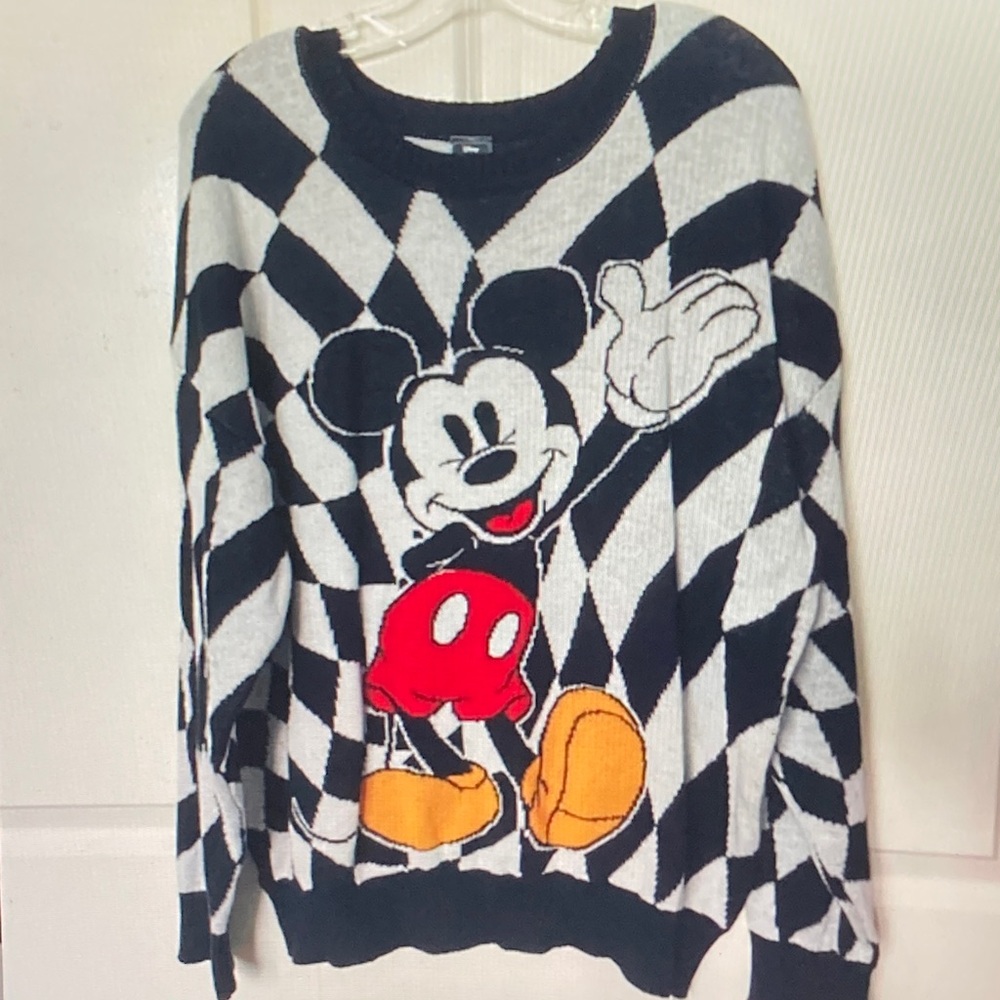 Disney Mickey Mouse Black and White Sweater with Red and Yellow Accents